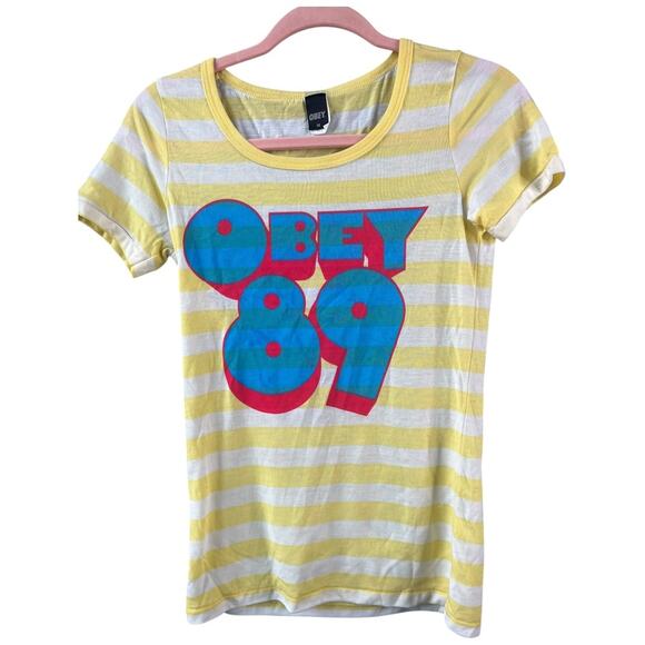 Obey '89 yellow white stripe short sleeve tee shirt single stitched medium NWOT - Picture 1 of 5